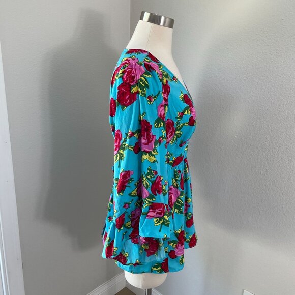 Betsey Johnson Womens Small Floral Blouse Bell Sleeves V Neck Waist Tie Top - Picture 7 of 9